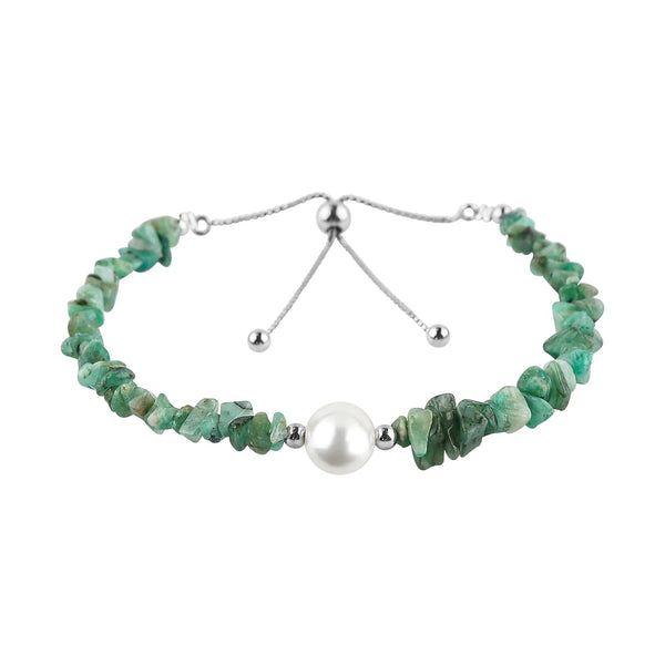 Raw/Natural Emerald Bracelet W/ Pearl | 925 Sterling Silver & White Gold