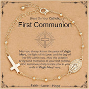First Communion Gift for Girls - 14K Gold Plated Bracelet Cross & Virgin Mary Charm