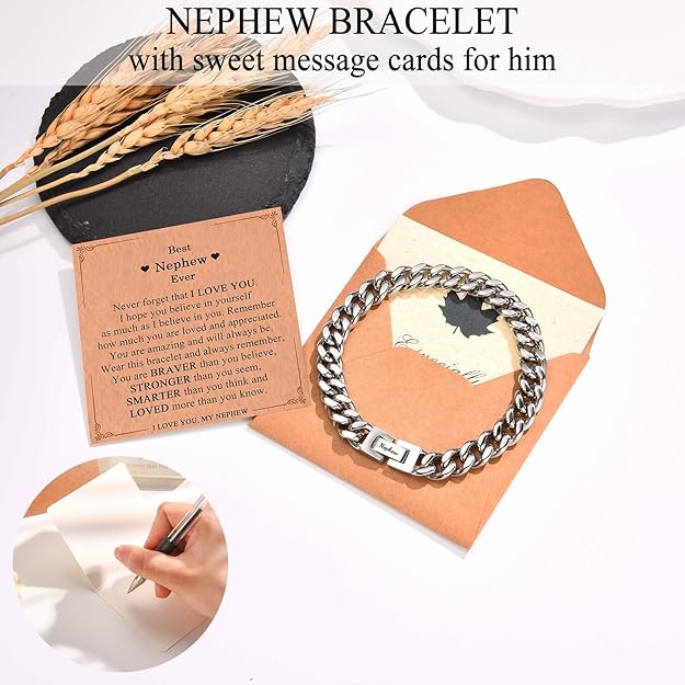 To My Nephew Bracelet From Aunt/Uncle | Stainless Steel Bracelet W/ Message Cards & Gift Box