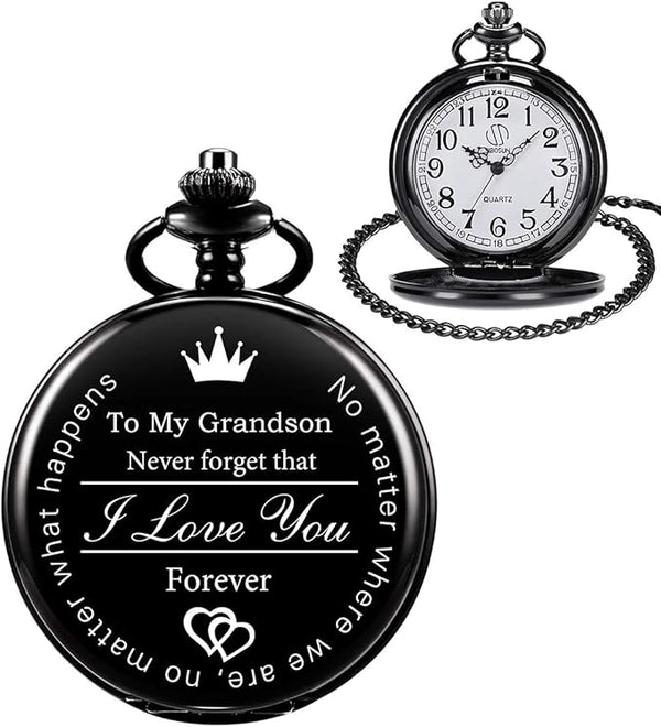 Engraved Pocket Watch W/ Chain For Grandson