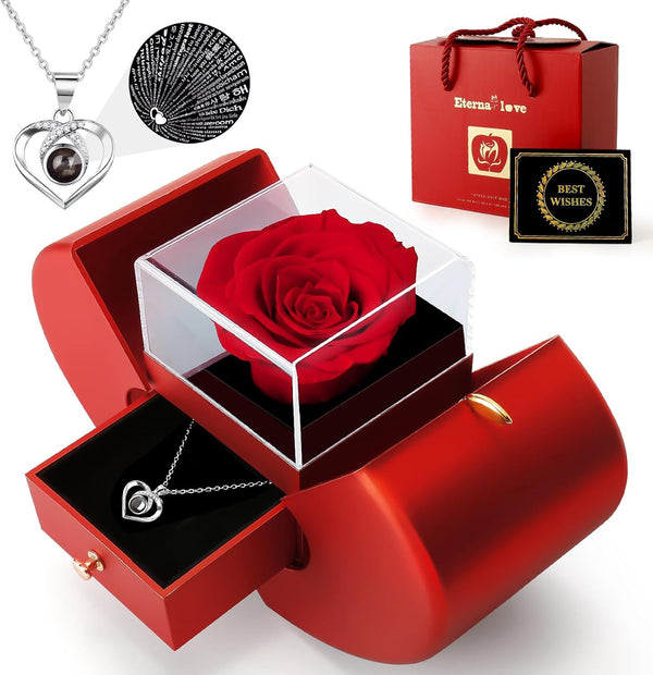 Gift Set For Girlfriend, Wife, Mom/Mother | Preserved Real Rose & S925 Necklace