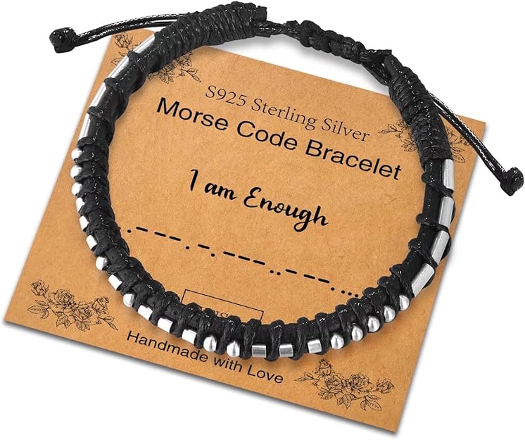 'I Am Enough' Morse Code Bracelet | 18k Gold, 925 Sterling Silver & Black Leather