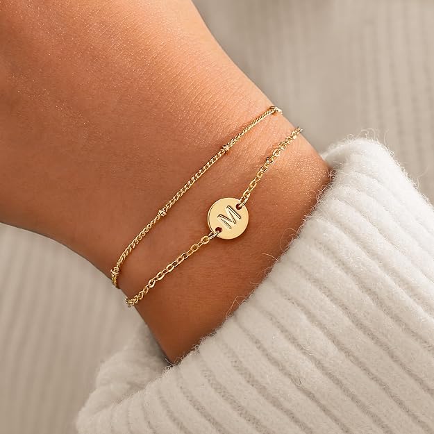 16K Gold Initialenarmband | Verstellbares Perlenarmband mit Anfangsbuchstaben