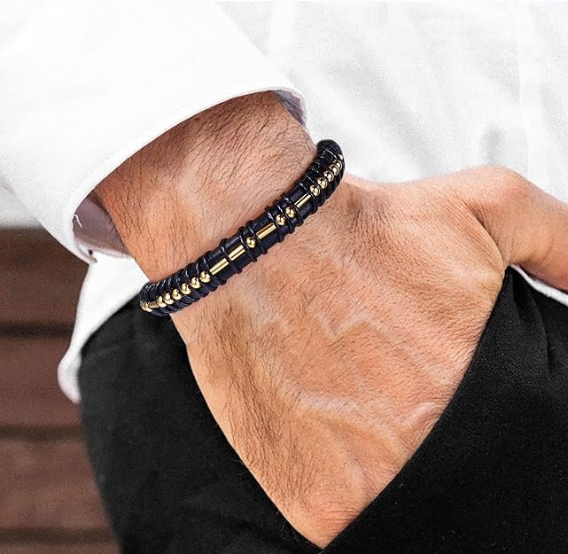 Morse Code Bracelet | 18K Real Gold Plated Beads on Black Leather