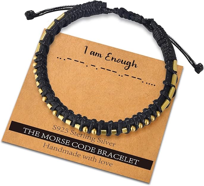 'I Am Enough' Morse Code Bracelet | 18k Gold, 925 Sterling Silver & Black Leather