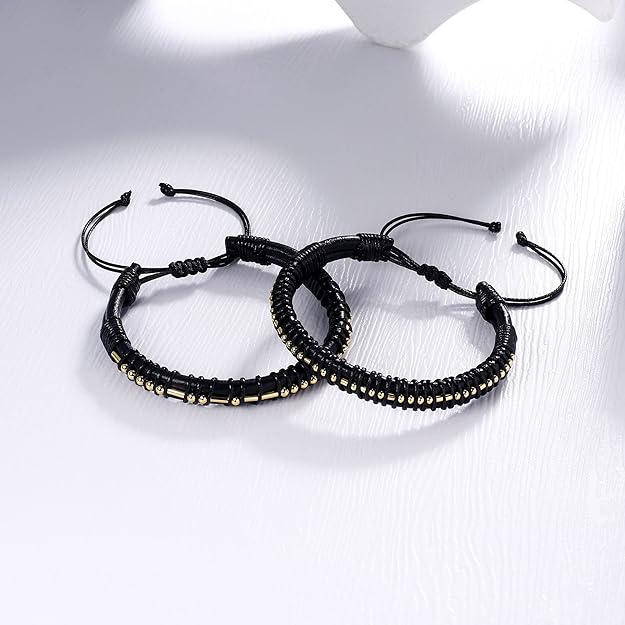 Morse Code Bracelet | 18K Real Gold Plated Beads on Black Leather