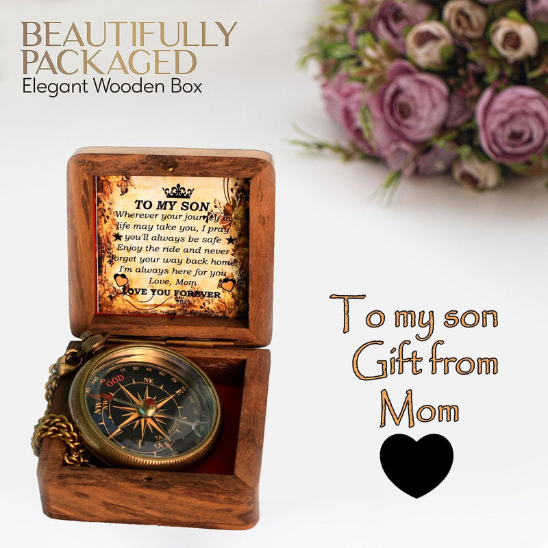 'To My Son' Engraved Compass W/ Vintage Handcrafted Wooden Box