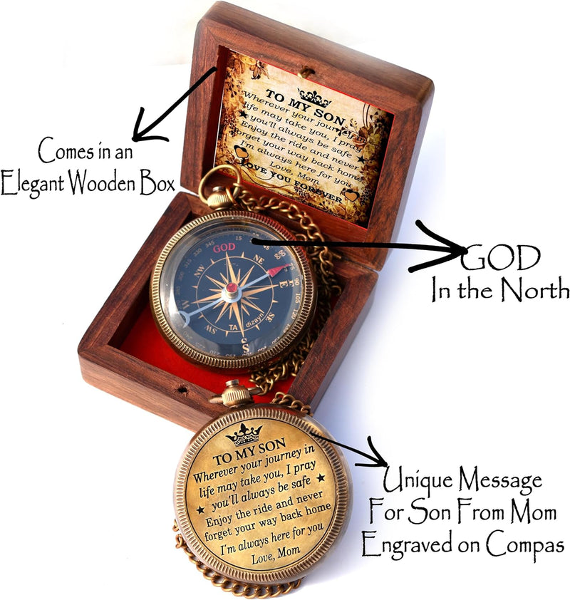 'To My Son' Engraved Compass W/ Vintage Handcrafted Wooden Box