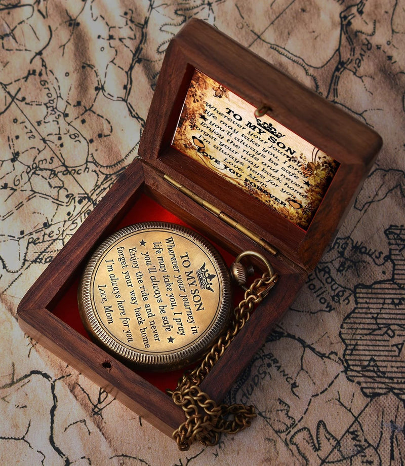 'To My Son' Engraved Compass W/ Vintage Handcrafted Wooden Box