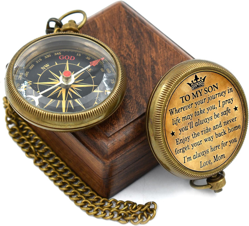 'To My Son' Engraved Compass W/ Vintage Handcrafted Wooden Box