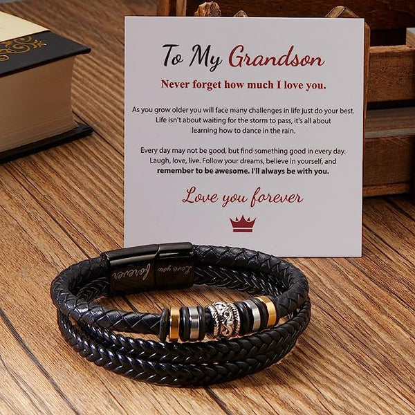Men Braclet To My Grandson Braided Leather Bracelet Gift Set