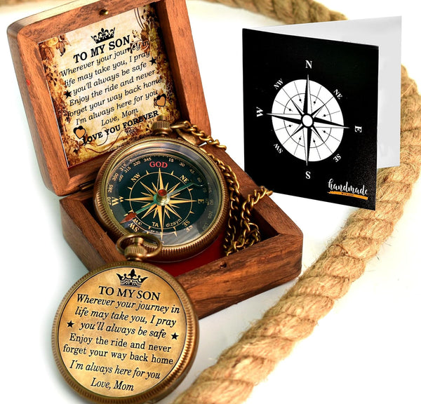 'To My Son' Engraved Compass W/ Vintage Handcrafted Wooden Box