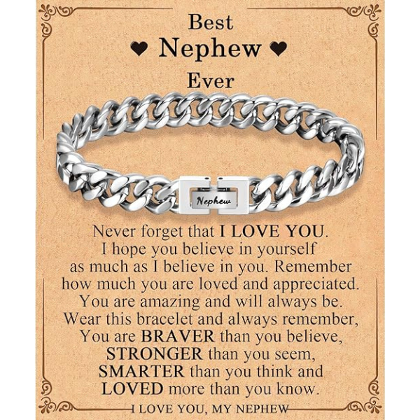 To My Nephew Bracelet From Aunt/Uncle | Stainless Steel Bracelet W/ Message Cards & Gift Box