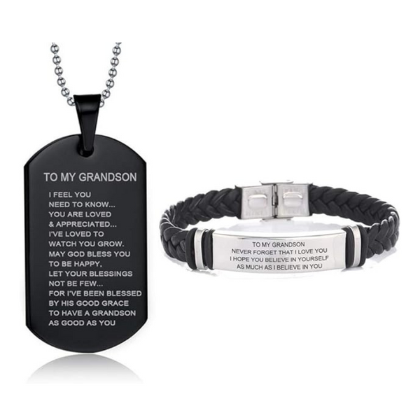 To My Grandson Set: Engraved Leather Bracelet & Necklace/Pendant