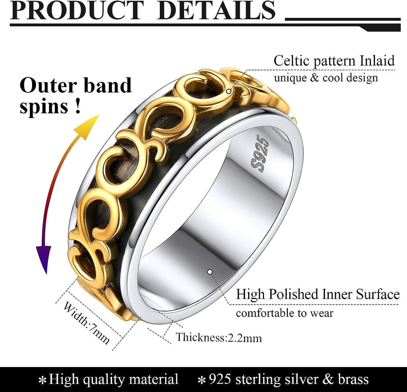 925 Sterling Silver Spinner Ring | Golden Deluxe Design In the Middle