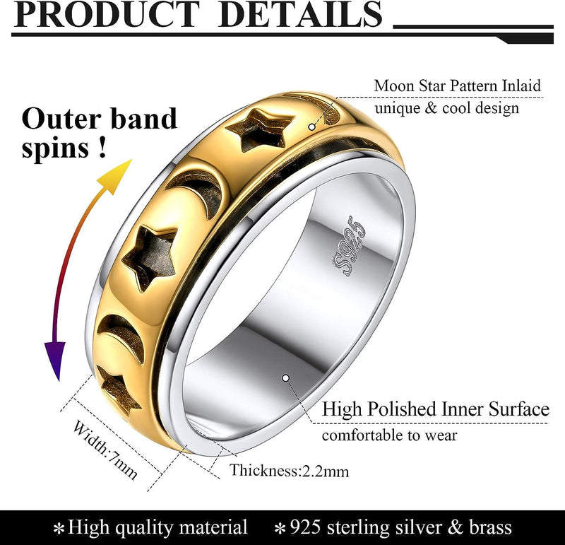 925 Sterling Silver Spinner Ring | Golden Deluxe Design In the Middle